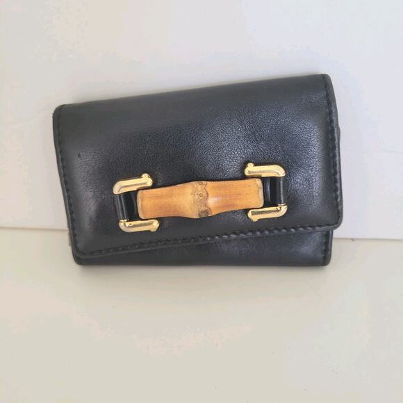 Gucci Bamboo Key Holder Wallet Case Leather Small Unisex Black Trifold - Picture 1 of 10